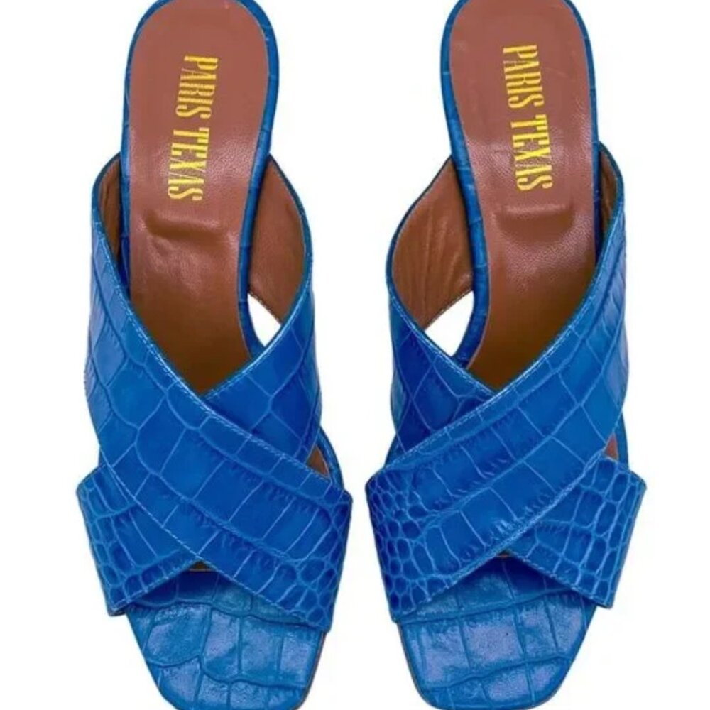 Paris Texas -- Croc Crossover Strap Mule Heeled Sandal in Ocean Blue -- Size 38
